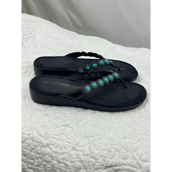 Minnetonka Women's Size 8 Blue/Black Faux Turquoise T-Post Wedge Sandals Comfort - Picture 10 of 10